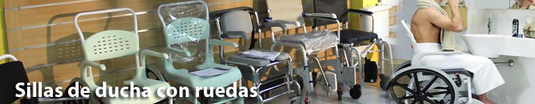 Silla de ducha con ruedas, aluminio y acero inoxidable.tienda de ayudas para el baño